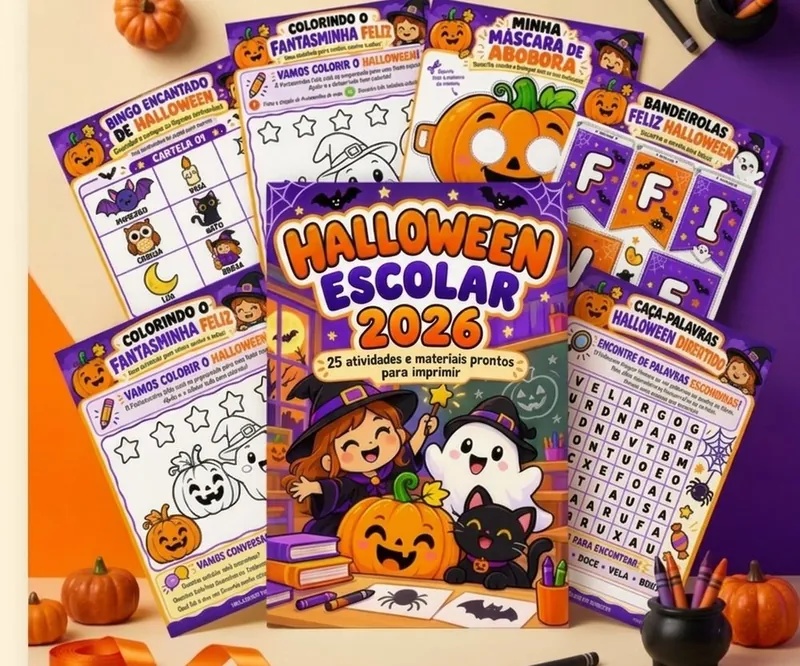 Capa do kit Halloween Escolar 2026 com atividades espalhadas